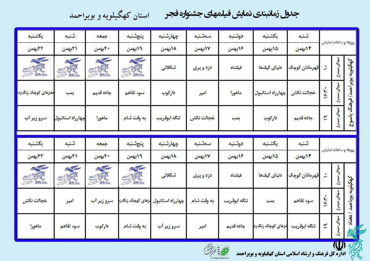 جدول زمانبندی پخش فیلم های جشنواره فیلم فجر در استان