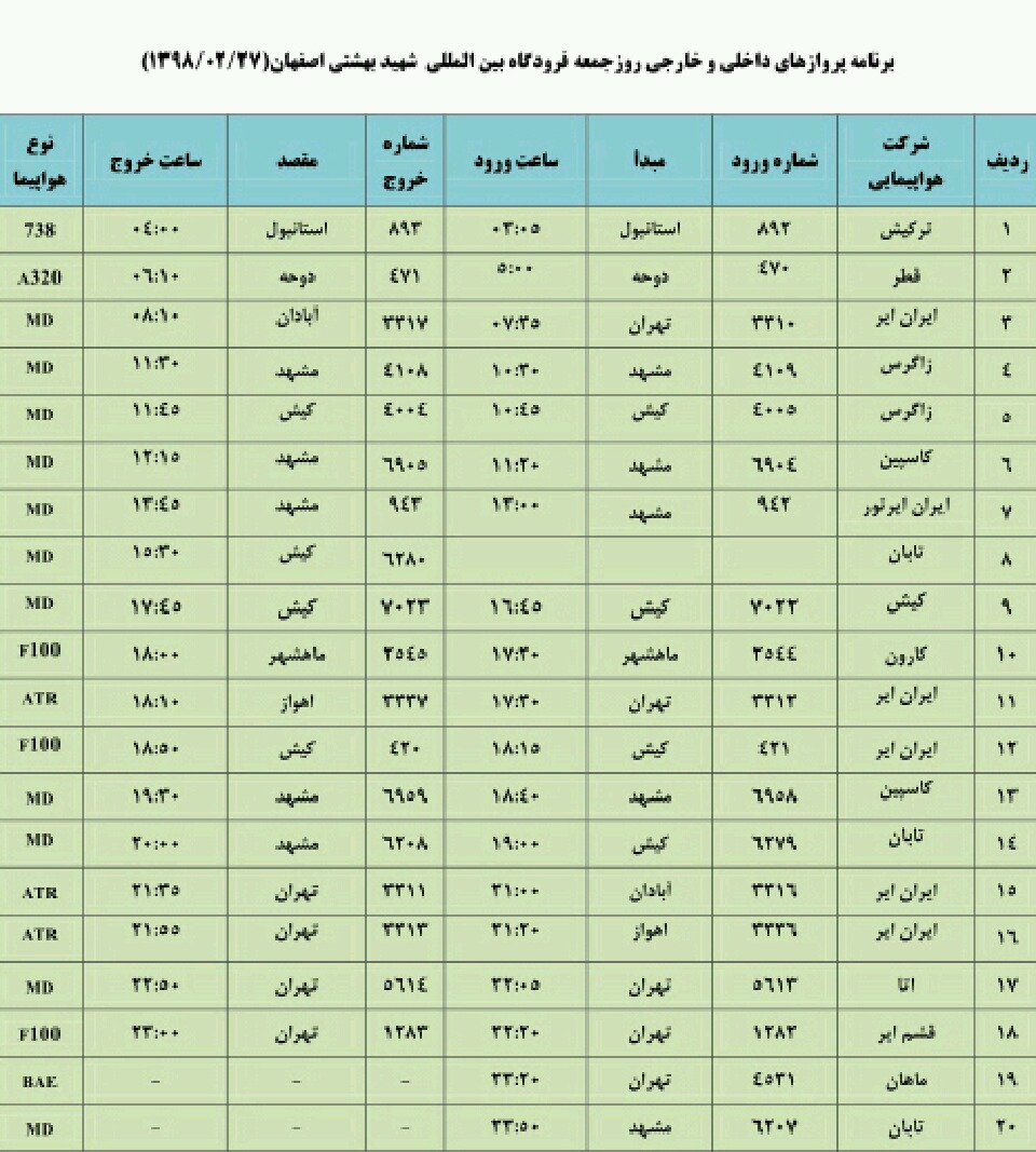 پروازهای داخلی و خارجی فرودگاه شهید بهشتی اصفهان